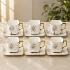 Porcelain Cup & Saucer Set – White Floral with Gold Handle