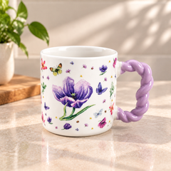 Purple Handle Mug With Purple Flower Design | Ceramic Coffee Cup
