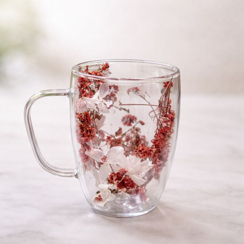 Double Wall Floral Mug – Transparent Tea & Coffee Cup with Dried Flowers