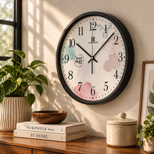 Heritage Pastel Floral Wall Clock – 15-Inch Silent Sweep Quartz with Decorative Dial & Black Plastic Frame