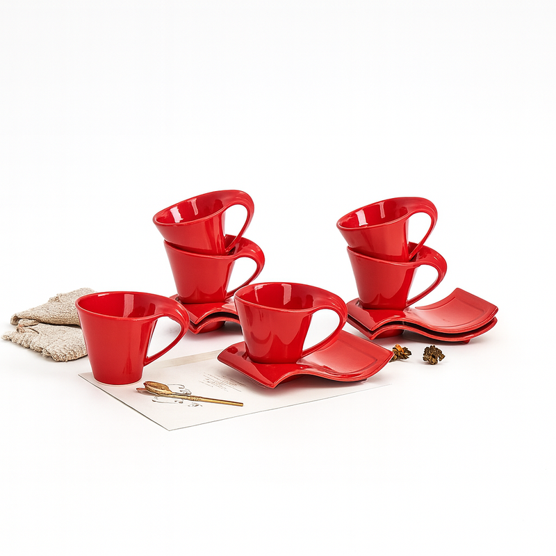 Solecasa 6 Pcs Wavy Cup  Saucer Set  Red Ceramic Tea & Coffee Set - Habitt