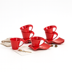 Solecasa 6 Pcs Wavy Cup  Saucer Set  Red Ceramic Tea & Coffee Set - Habitt