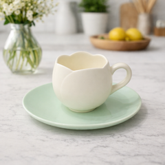 Ceramic Flower Shaped Cup Saucer Set – Elegant Tea & Coffee Set (Pink / White)