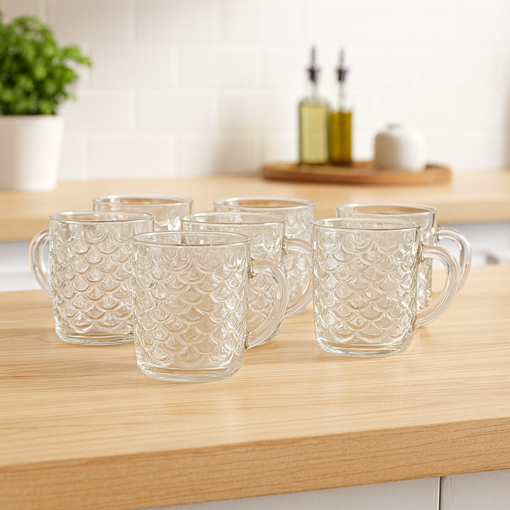 Embossed Pattern Glass Mug 240 ml – Premium Clear Tea & Coffee Mug (6 Pcs)