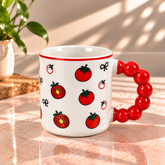 Cute Fruit Print Ceramic Coffee Mug with Red Handle – Tea & Coffee Cup