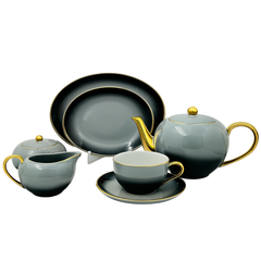 24-Piece Elegant Tea Set – Beige Porcelain Tea Service with Gold Accents