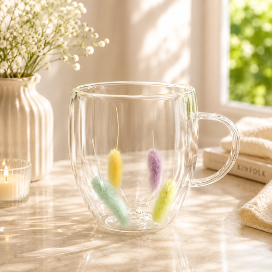 Flower Double Wall Glass Mug – Light Blue Floral Tea & Coffee Cup - Habitt