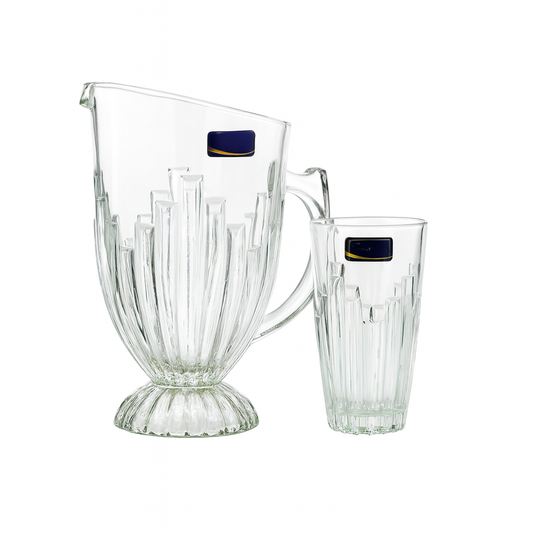 Footed Ribbed Glass Water Set – 7-Piece Set (1.2 L Jug + 370 mL Glasses)