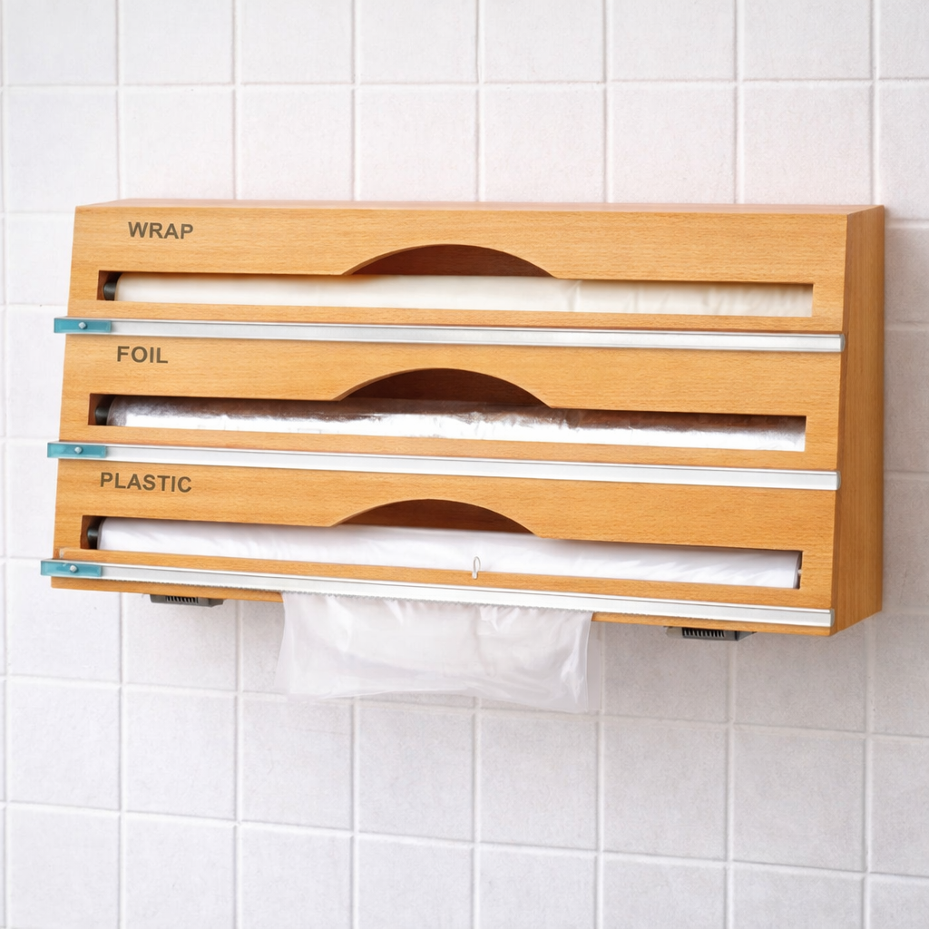 3 Layers Kitchen Plastic Wrap Dispenser with Cutter – Foil, Cling & Paper Holder