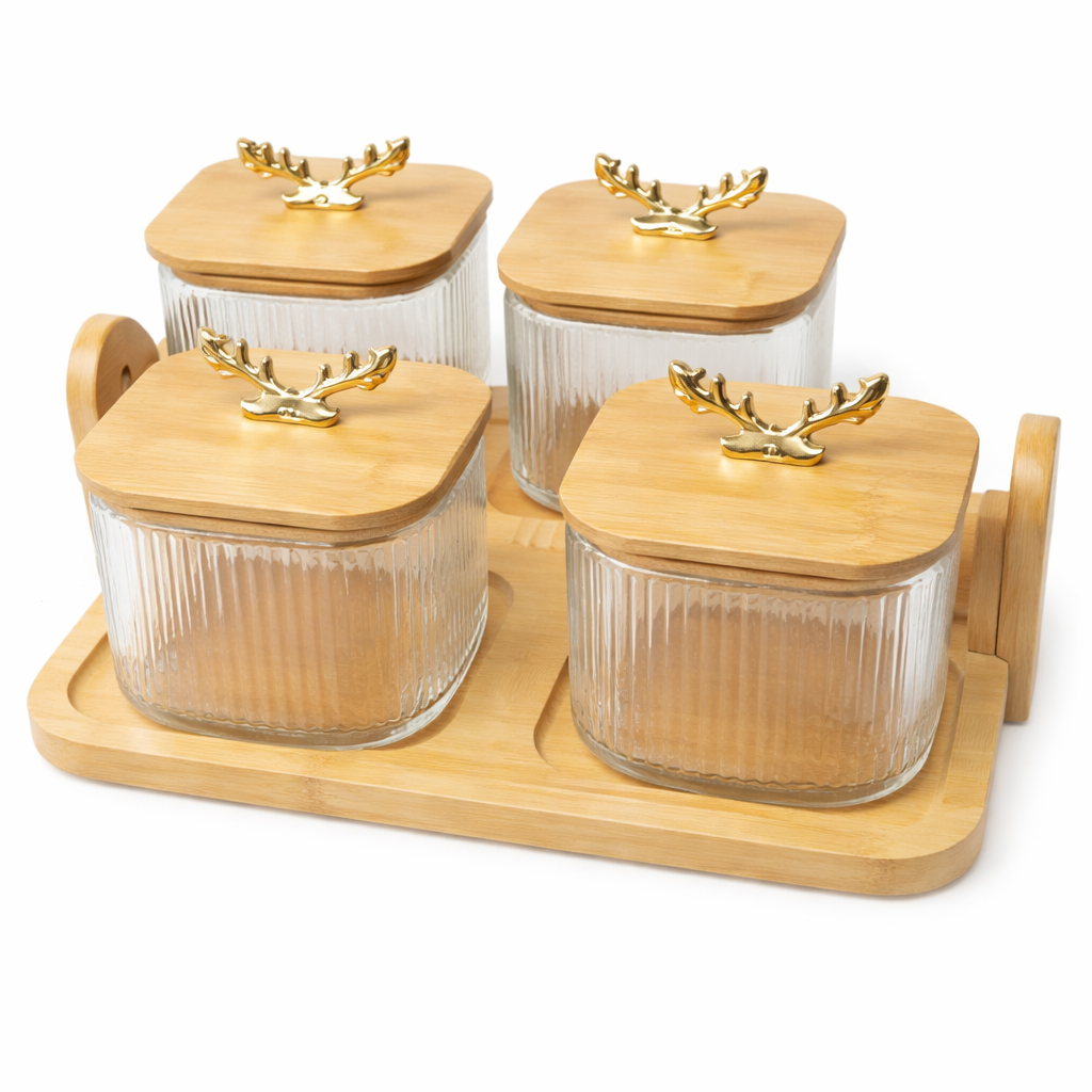 5Pcs Glass Storage Jar Set with Deer Antler Knobs & Bamboo Tray