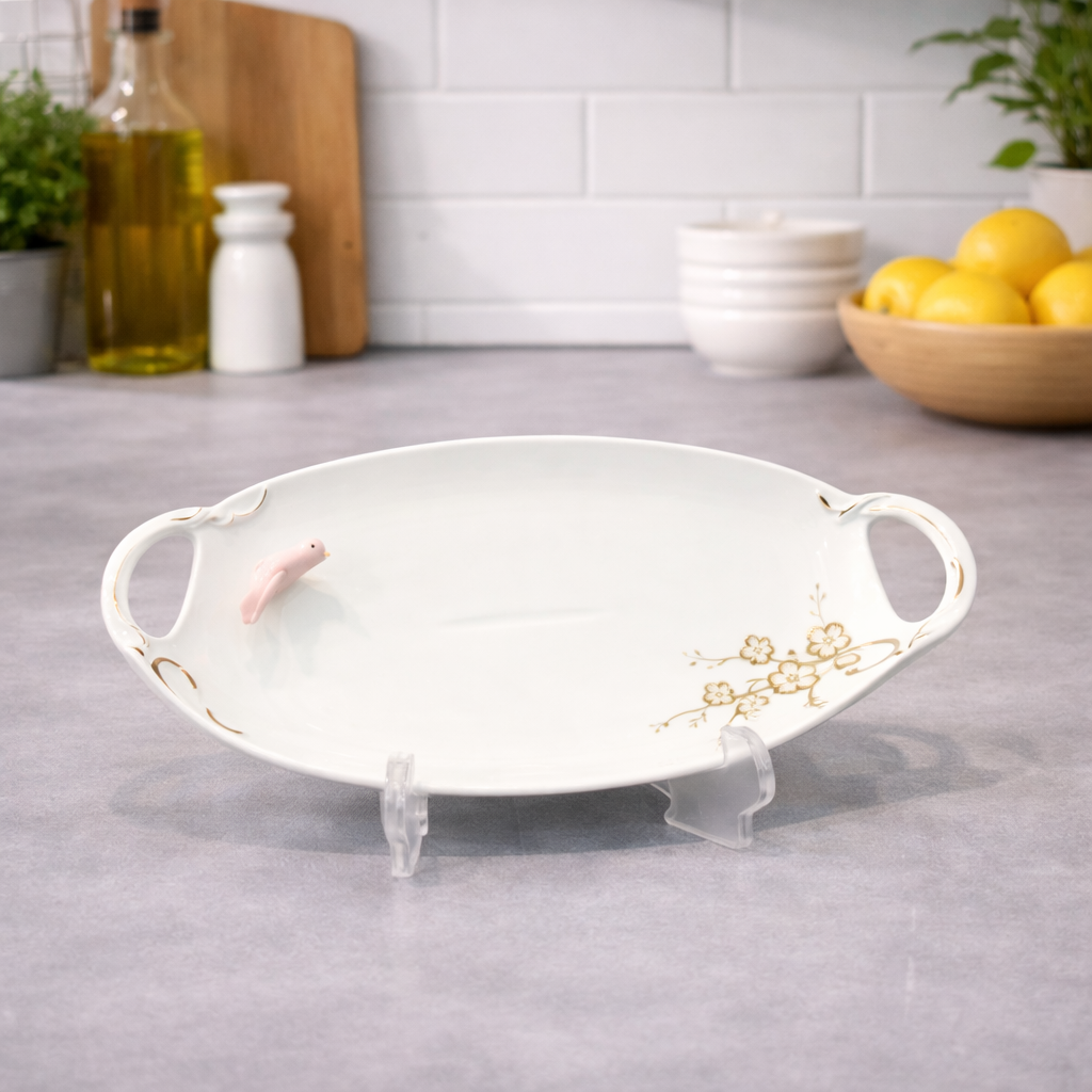 Bird Plate – Elegant Oval Serving Plate with Decorative Bird Detail - Habitt