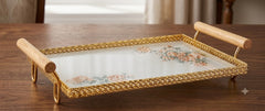 Luxury Gold Floral Serving Tray with Wooden Handles