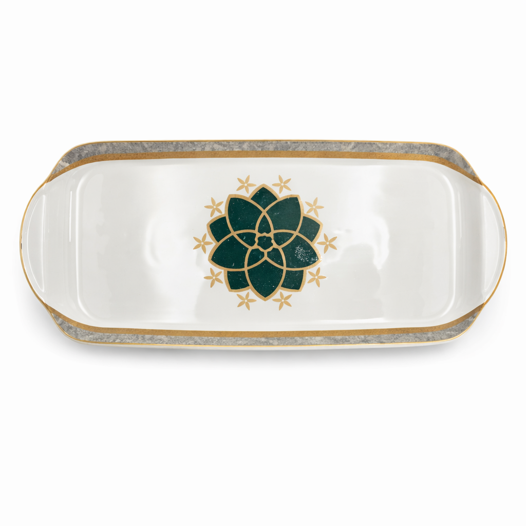 Elegant Green & Gold Long Serving Tray – Decorative Rectangular Platter