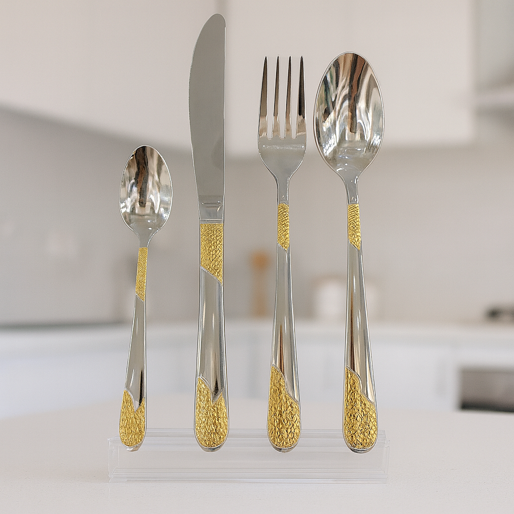 52-Piece Wheat Design Cutlery Set – Stainless Steel with Gold Accents
