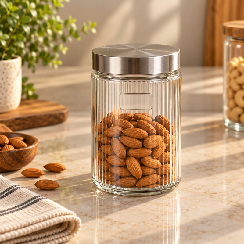 1.22L Ribbed Glass Storage Jar with Stainless Steel Lid – Kitchen & Pantry Canister