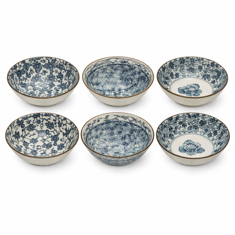 6-Piece Ceramic Bowl Set – Blue & White Floral Patterned Serving Bowls - Habitt