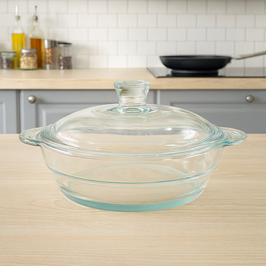 Clear Glass Casserole with Lid – Heat-Resistant Round Cooking & Serving Dish (750 ml / 1 L / 1.5 L)