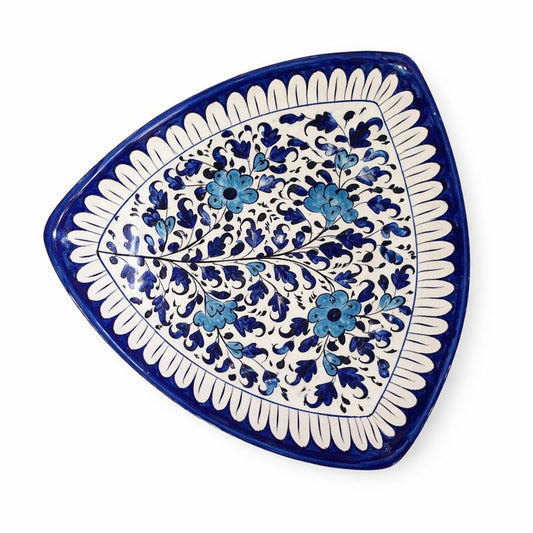 Handcrafted Ceramic Triangle Platter – Blue Floral Art (12 × 12 × 12 Inches)