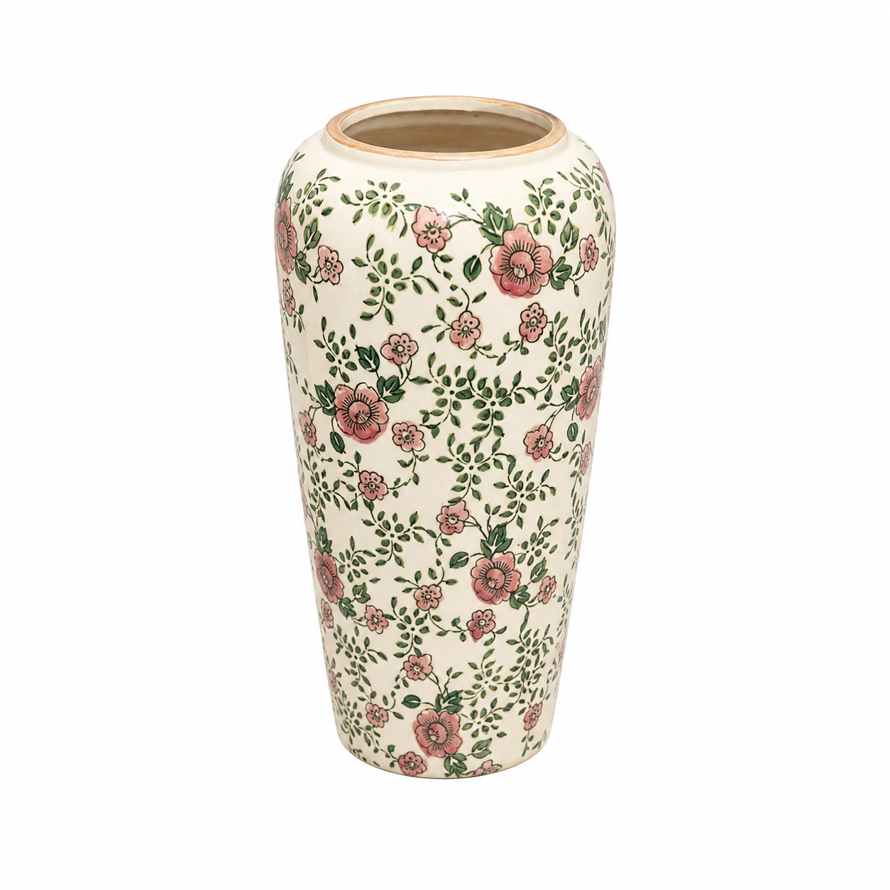 Floral Green Tall Cylinder Ceramic Vase – Large Hand-Painted Botanical Flower Vase for Elegant Home Décor - Habitt