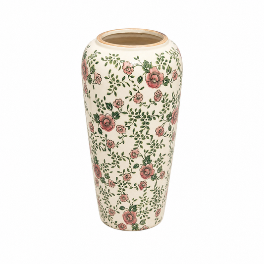Floral Green Tall Cylinder Ceramic Vase – Large Hand-Painted Botanical Flower Vase for Elegant Home Décor - Habitt