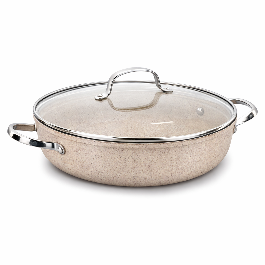 Granita Aluminum Low Casserole – Granite Nonstick Shallow Cooking Pot with Glass Lid (3.5L / 4.0L) - Habitt