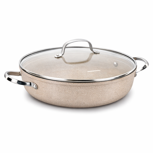 Granita Aluminum Low Casserole – Granite Nonstick Shallow Cooking Pot with Glass Lid (3.5L / 4.0L) - Habitt