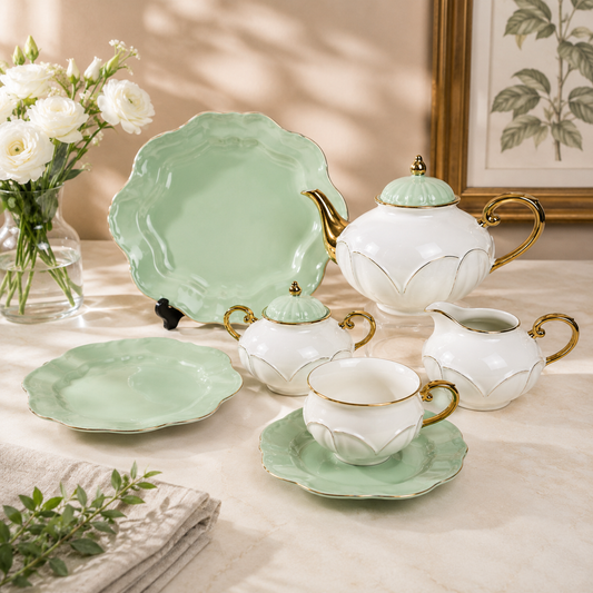Forsacchi 27 Pcs Premium Porcelain Tea Set – Elegant White & Mint Green Ceramic Tea Set with Gold Accent, Teapot, Cups, Saucers & Serving Plates for 6 Persons | Luxury Tea & Coffee Serving Set