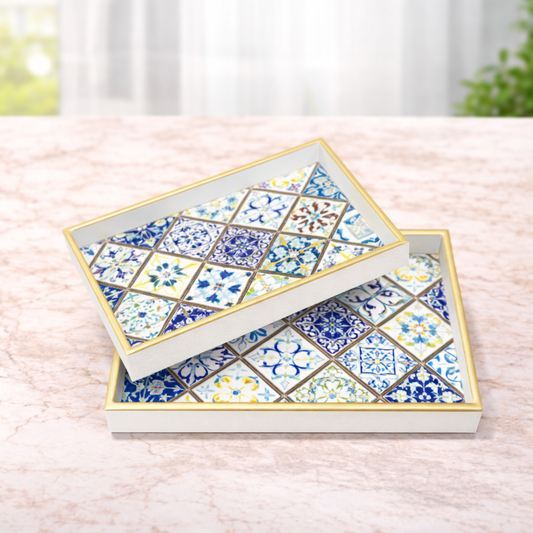 2Pcs Tray Set – Decorative Rectangular Serving Trays with Geometric Tile Design - Habitt