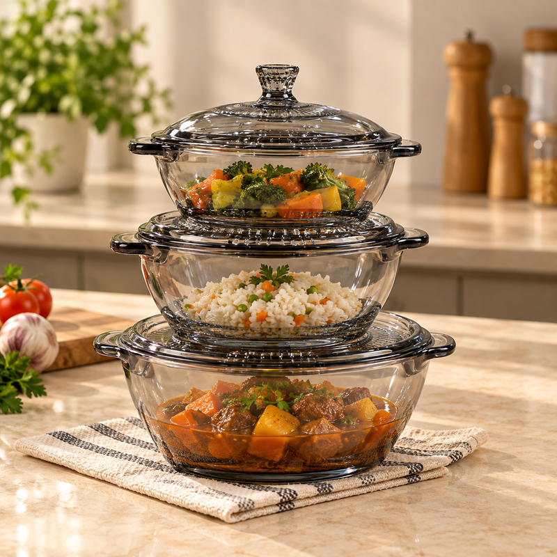 Smoke Glass Casserole 3-Piece Set 3250ml – Heat-Resistant Serving Casseroles with Lids