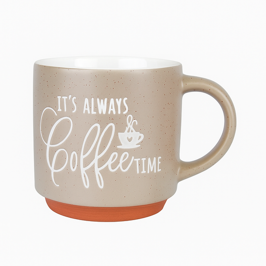 “It’s Always Coffee Time” Ceramic Mug – Speckled Beige Rustic Coffee Cup