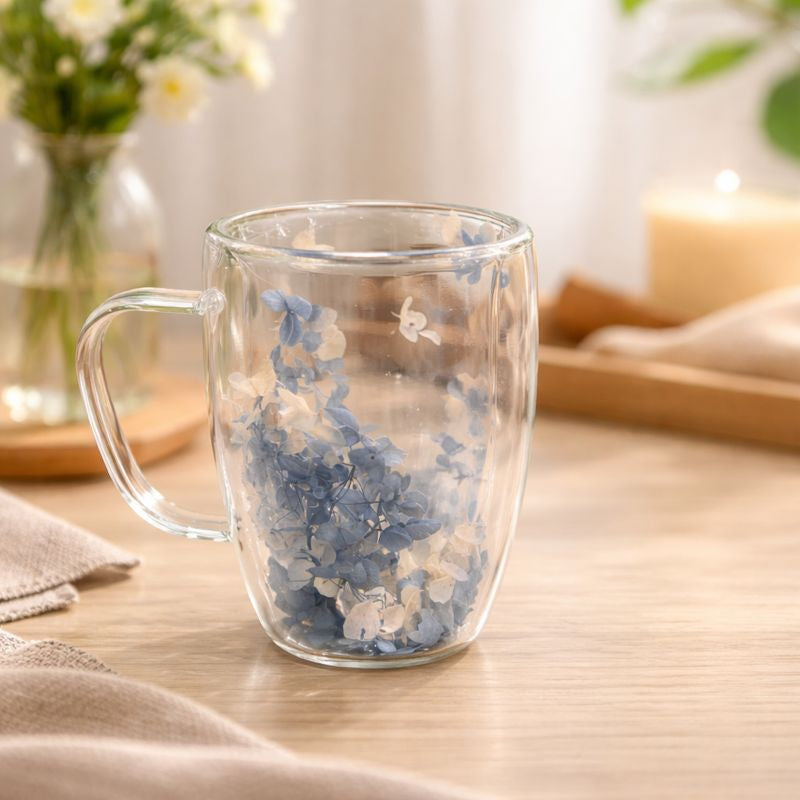 Double Wall Floral Mug – Transparent Tea & Coffee Cup with Dried Flowers