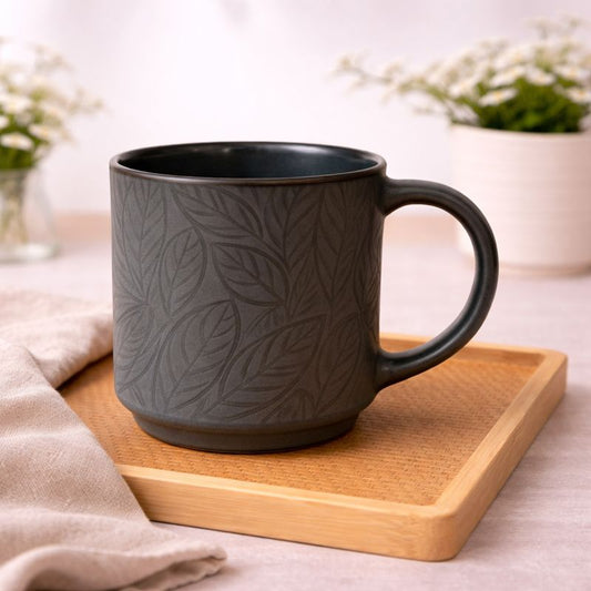 Embossed Leaf Grey Ceramic Mug – Elegant Textured Coffee & Tea Cup