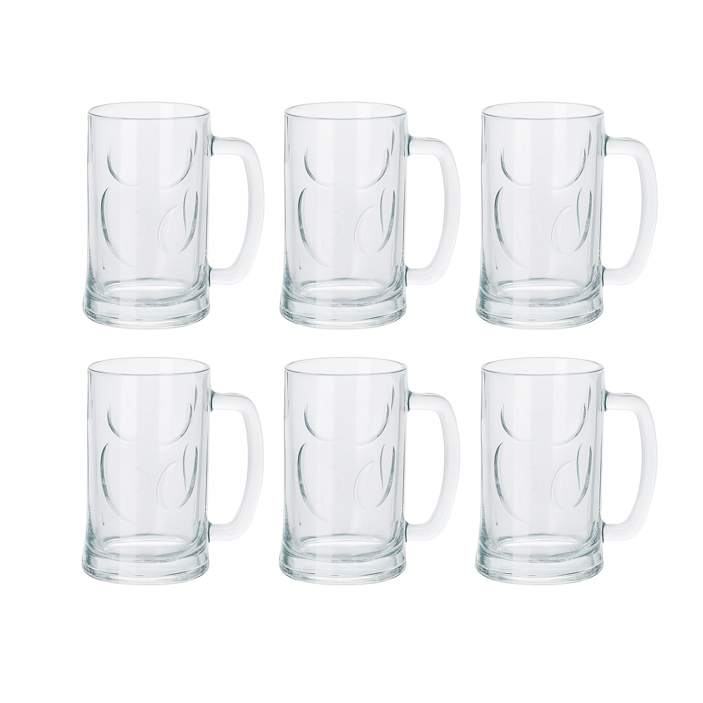 Textured Clear Glass Juice Mug with Handle 400 ml – Set of 6 | Premium Patterned Drinkware for Home & Café