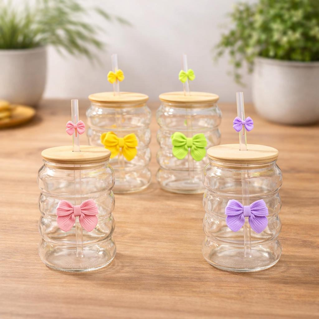 Assorted Floral Tumbler with Lid 350ml Glass with Straw - Habitt