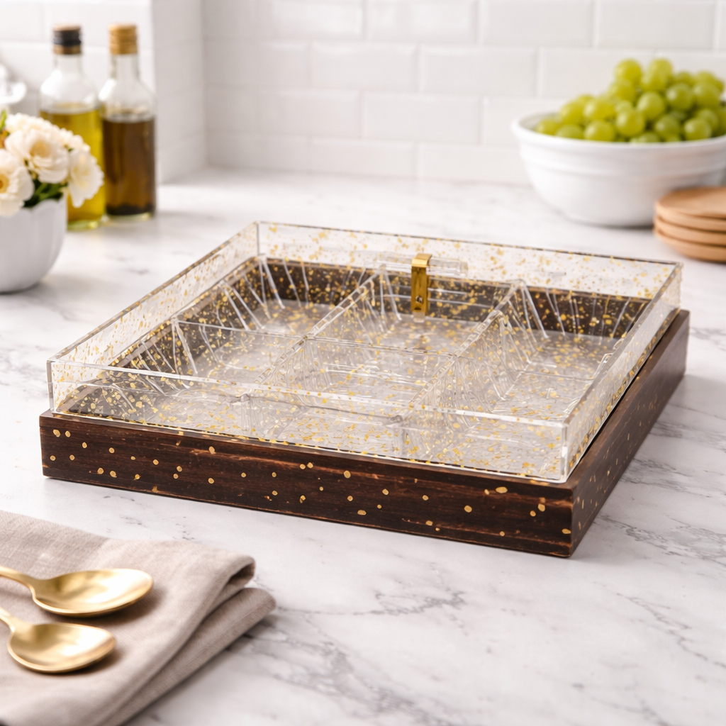 Elegant 6-Section Acrylic Fruit & Dry Fruit Serving Dish – Decorative Snack Organizer Tray - Habitt