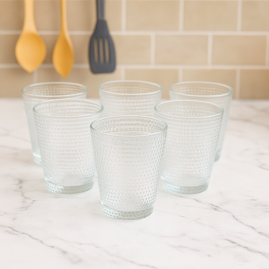 Textured Clear Tumbler Glass Set 255 ml – Premium Everyday Drinkware (6 Pcs)
