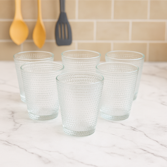 Textured Clear Tumbler Glass Set 255 ml – Premium Everyday Drinkware (6 Pcs)