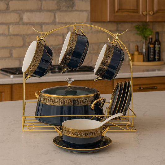 Luxury Soup Set with Stand – 22 Pieces | White or Blue