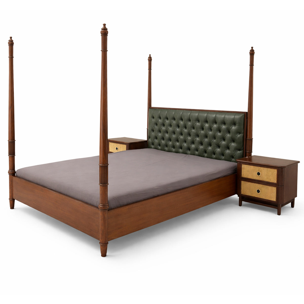 Noor King Size Bed | Luxury Four Poster Bed with Upholstered Headboard & Cane Nightstands with Side Tables - Habitt
