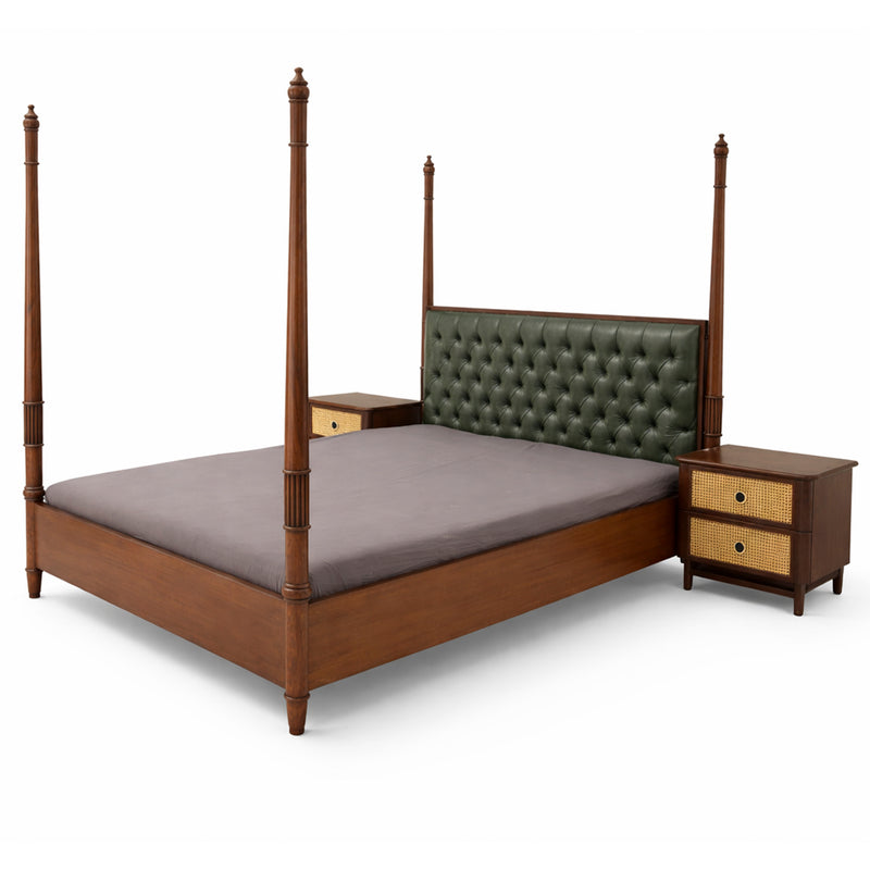 Noor King Size Bed | Luxury Four Poster Bed with Upholstered Headboard & Cane Nightstands with Side Tables - Habitt