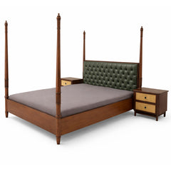 Noor King Size Bed | Luxury Four Poster Bed with Upholstered Headboard & Cane Nightstands with Side Tables - Habitt