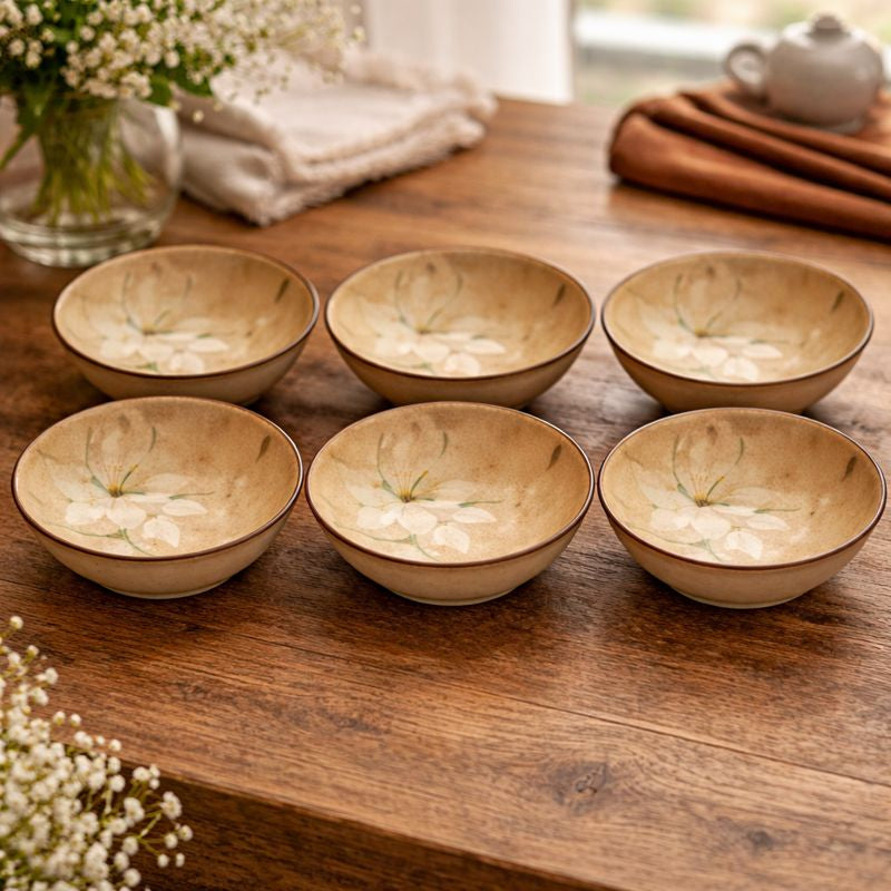 6PCS Ceramic Bowl Set – Beige Floral Design | Elegant Everyday Serveware - Habitt