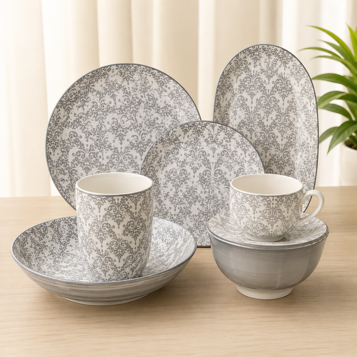 44-Piece Porcelain Set – 6 Person Serving | Grey Damask Collection