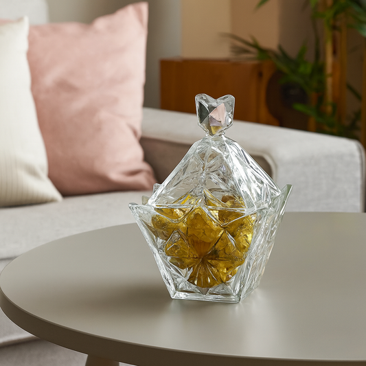 Diamond-Cut Clear Glass Candy Jar with Lid – 188 mm Decorative Sweet Holder (1 Pc)