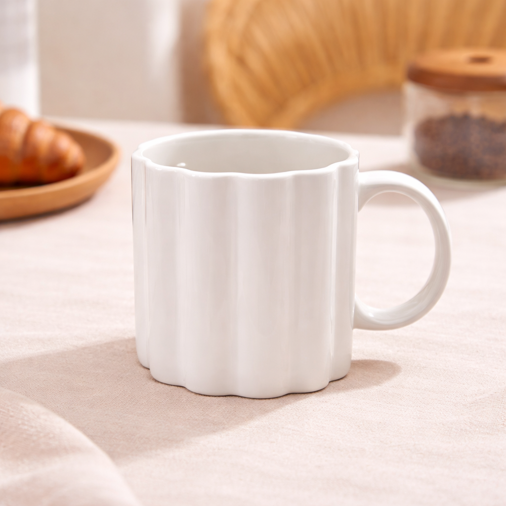 Minimalist Ribbed White Ceramic Coffee Mug | Modern Textured Tea Cup | Elegant Aesthetic Drinkware - Habitt
