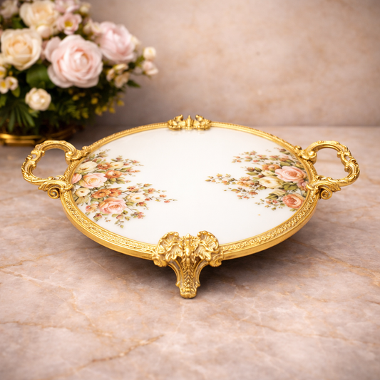 Round Flat Tray – Luxury Ornate Serving Platter with Floral Detailing - Habitt