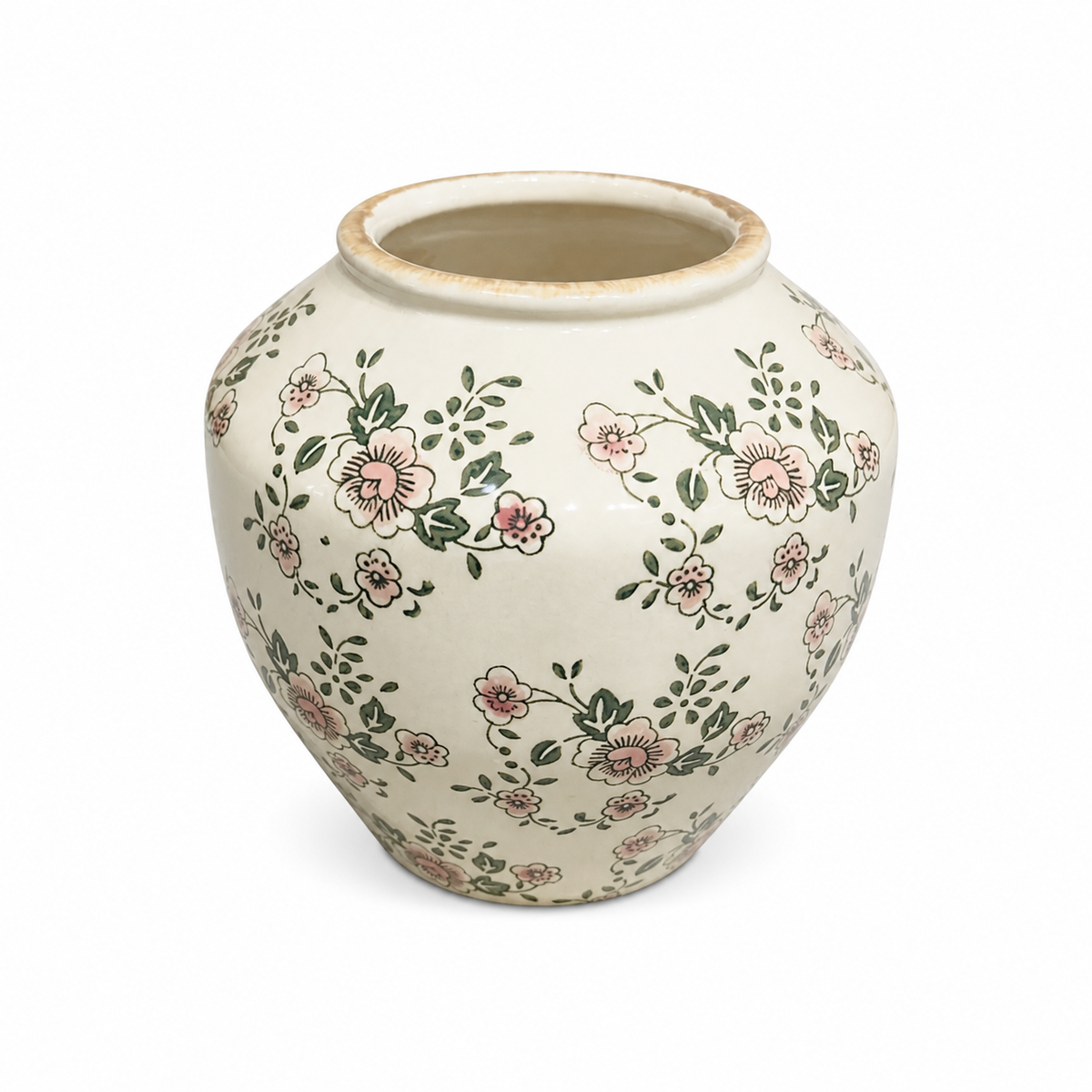 Floral Green Ceramic Vase – Large Round Decorative Flower Vase with Hand-Painted Botanical Design for Home & Living Décor