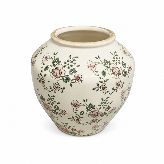 Floral Green Ceramic Vase – Large Round Decorative Flower Vase with Hand-Painted Botanical Design for Home & Living Décor