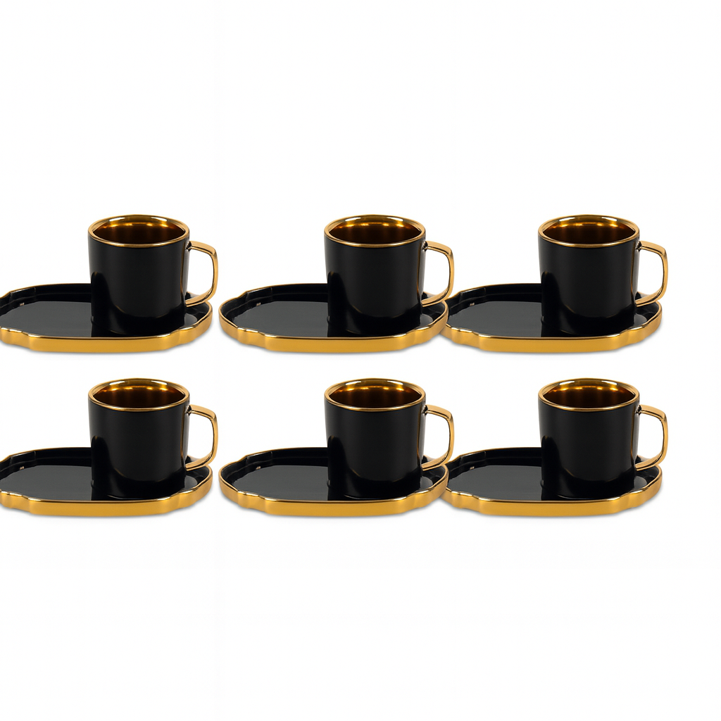 Sol Stylish Cup &amp; Saucer Set of 6 – Black &amp; Gold Porcelain Coffee Set 90121