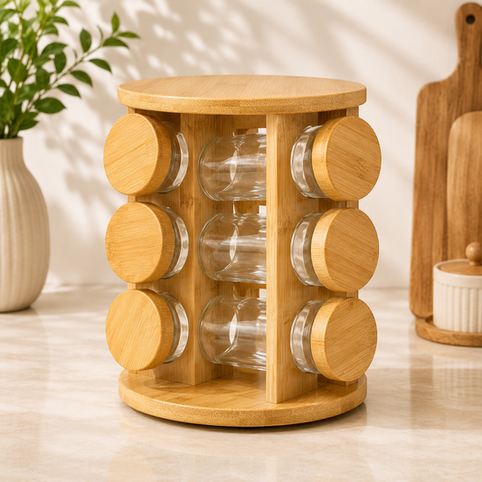 12PCS Revolving Wooden Spice Jar Rack Organizer for Kitchen Countertop - Habitt